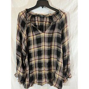 Angels Women’s 3x Black Brown Gold Plaid Long Sleeve Rayon Super Soft Blouse